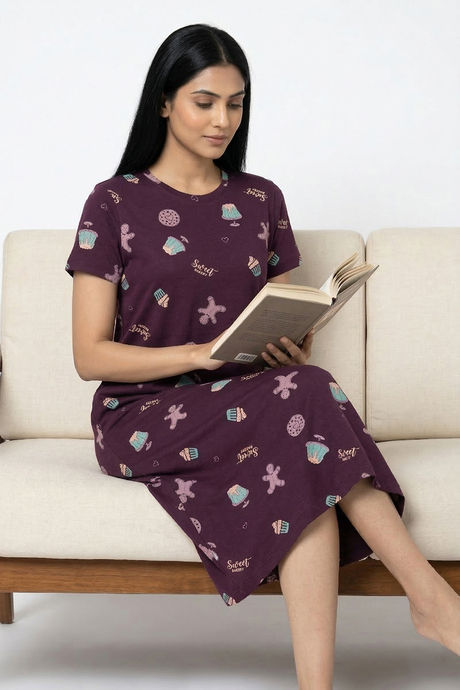 Zivame Farm Lore Knit Cotton Mid Length Nightdress - Plum Purple — image 5